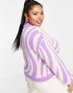 Wednesday's Girl Curve Relaxed Jumper With Balloon Sleeves In Zebra Knit For Women Purple Zebra -Wednesday's Girl Sales 2022 unnamed file 1037