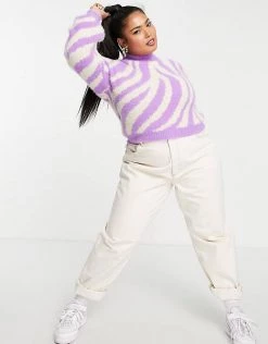 Wednesday's Girl Curve Relaxed Jumper With Balloon Sleeves In Zebra Knit For Women Purple Zebra -Wednesday's Girl Sales 2022 unnamed file 1038