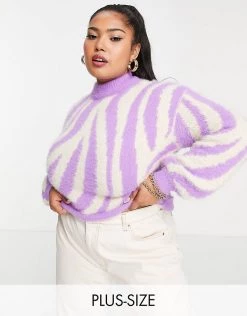 Wednesday's Girl Curve Relaxed Jumper With Balloon Sleeves In Zebra Knit For Women Purple Zebra -Wednesday's Girl Sales 2022 unnamed file 1039