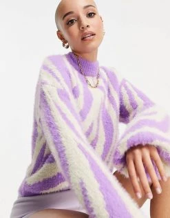 Wednesday's Girl Relaxed Jumper With Balloon Sleeves In Zebra Knit For Women Purple Zebra -Wednesday's Girl Sales 2022 unnamed file 1042