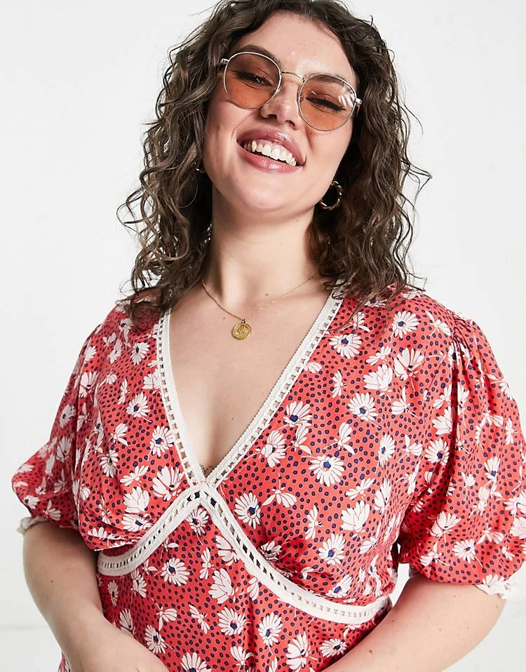 Wednesday's Girl Curve V-neck Mini Tea Dress With Ladder Detail In Red Floral For Women 4 Wednesday's Girl Curve V-neck Mini Tea Dress With Ladder Detail In Red Floral For Women - Image 2