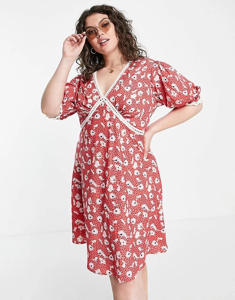 Wednesday's Girl Curve V-neck Mini Tea Dress With Ladder Detail In Red Floral For Women 6 Wednesday's Girl Curve V-neck Mini Tea Dress With Ladder Detail In Red Floral For Women - Image 4