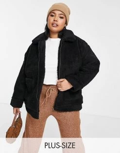 Wednesday's Girl Curve Teddy Coat For Women Black