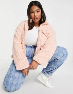 Wednesday's Girl Curve Oversized Jacket With Pocket In Teddy Fleece For Women Light Pink -Wednesday's Girl Sales 2022 unnamed file 1172