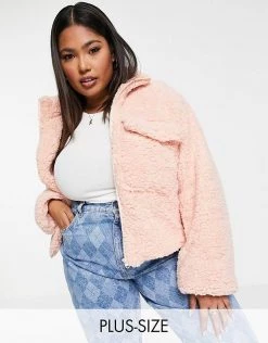 Wednesday's Girl Curve Oversized Jacket With Pocket In Teddy Fleece For Women Light Pink -Wednesday's Girl Sales 2022 unnamed file 1174