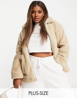 Wednesday's Girl Curve Teddy Coat For Women Beige