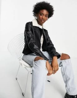 Wednesday's Girl Biker Jacket With Sherpa Collar In Faux Leather For Women Black -Wednesday's Girl Sales 2022 unnamed file 1202