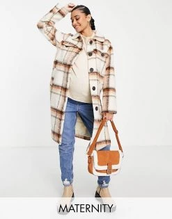 Wednesday's Girl Maternity Longline Coat In Vintage Check For Women Cream Brown Check
