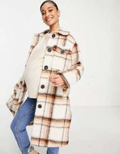 Wednesday's Girl Maternity Longline Coat In Vintage Check For Women Cream Brown Check -Wednesday's Girl Sales 2022 unnamed file 1228