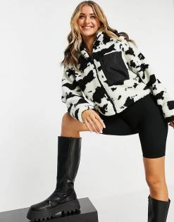 Wednesday's Girl Oversized Jacket With Pocket In Cow Print Teddy Fleece For Women Black White Cow