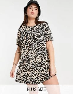Wednesday's Girl Curve Smock Mini Dress With Pleated Front In Grunge Leopard For Women Beige Leopard