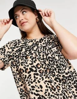 Wednesday's Girl Curve Smock Mini Dress With Pleated Front In Grunge Leopard For Women Beige Leopard -Wednesday's Girl Sales 2022 unnamed file 127