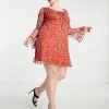 Wednesday's Girl Curve Mini Long Sleeve Tea Dress In Red Ditsy Floral Mesh For Women -Wednesday's Girl Sales 2022 unnamed file 130