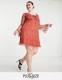 Wednesday's Girl Curve Mini Long Sleeve Tea Dress In Red Ditsy Floral Mesh For Women