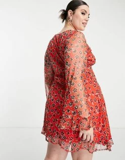 Wednesday's Girl Curve Mini Long Sleeve Tea Dress In Red Ditsy Floral Mesh For Women -Wednesday's Girl Sales 2022 unnamed file 132