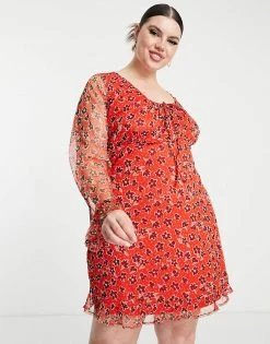 Wednesday's Girl Curve Mini Long Sleeve Tea Dress In Red Ditsy Floral Mesh For Women -Wednesday's Girl Sales 2022 unnamed file 133