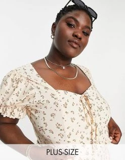 Wednesday's Girl Curve Puff Sleeve Milkmaid Crop Top Co-ord In Ditsy Floral For Women