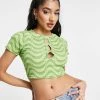 Wednesday's Girl Crop T-shirt With Cut Out Detail In Green Wavy Print For Women