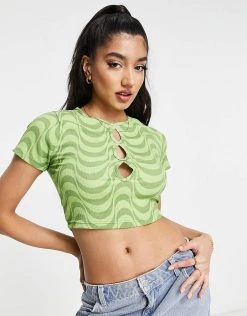 Wednesday's Girl Crop T-shirt With Cut Out Detail In Green Wavy Print For Women