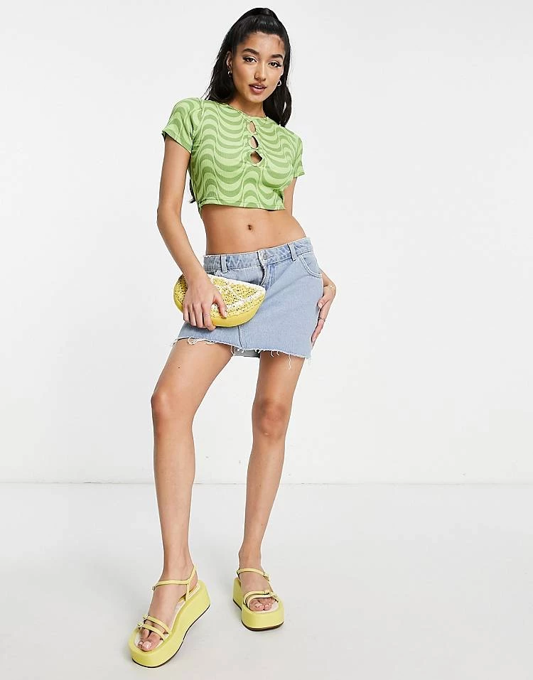 Wednesday's Girl Crop T-shirt With Cut Out Detail In Green Wavy Print For Women 6 Wednesday's Girl Crop T-shirt With Cut Out Detail In Green Wavy Print For Women - Image 4