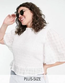 Wednesday's Girl Curve Shirred Blouse With Peplum Hem In White For Women -Wednesday's Girl Sales 2022 unnamed file 1344