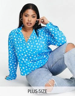 Wednesday's Girl Curve Relaxed Boxy Shirt In Bright Floral For Women Blue Floral