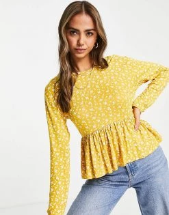 Wednesday's Girl Relaxed Smock Top With Peplum Hem In Ditsy Floral Print For Women Mustard Floral
