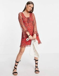 Wednesday's Girl Mini Long Sleeve Tea Dress In Red Ditsy Floral Mesh For Women -Wednesday's Girl Sales 2022 unnamed file 138