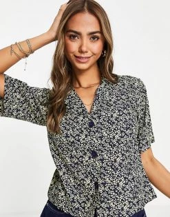 Wednesday's Girl Boxy Crop Shirt In Yellow Navy Floral Co-ord For Women Navy And Yellow
