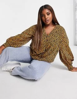 Wednesday's Girl Curve Long Sleeve Tea Blouse With Balloon Sleeves In Buttercup Floral For Women Black Yellow Floral -Wednesday's Girl Sales 2022 unnamed file 1402