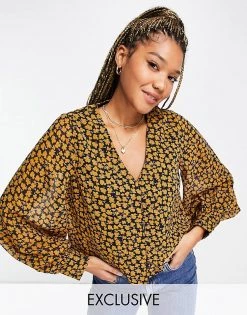 Wednesday's Girl Long Sleeve Tea Blouse With Balloon Sleeves In Buttercup Floral For Women Black Yellow Floral -Wednesday's Girl Sales 2022 unnamed file 1409