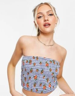 Wednesday's Girl Crop Bandeau Top In Orange Printed Gingham For Women Blue White Gingham -Wednesday's Girl Sales 2022 unnamed file 1422