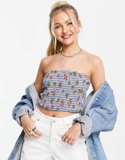 Wednesday's Girl Crop Bandeau Top In Orange Printed Gingham For Women Blue White Gingham -Wednesday's Girl Sales 2022 unnamed file 1424