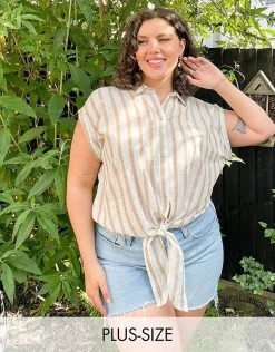 Wednesday's Girl Curve Shirt With Tie Front In Natural Stripe For Women