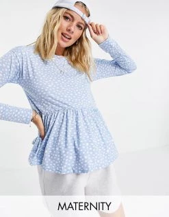 Wednesday's Girl Maternity Relaxed Smock Top With Peplum Hem In Smudge Spot For Women Blue Smudge Spot