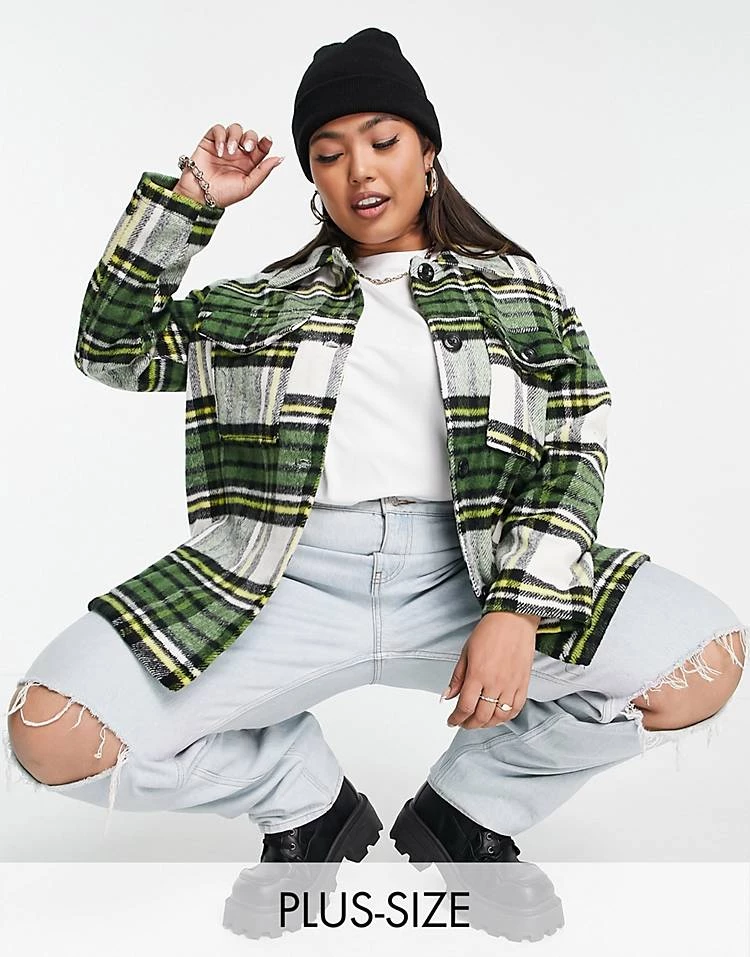 Wednesday's Girl Curve Oversized Shacket In Vintage Check For Women Green White Check 3 Wednesday's Girl Curve Oversized Shacket In Vintage Check For Women Green White Check