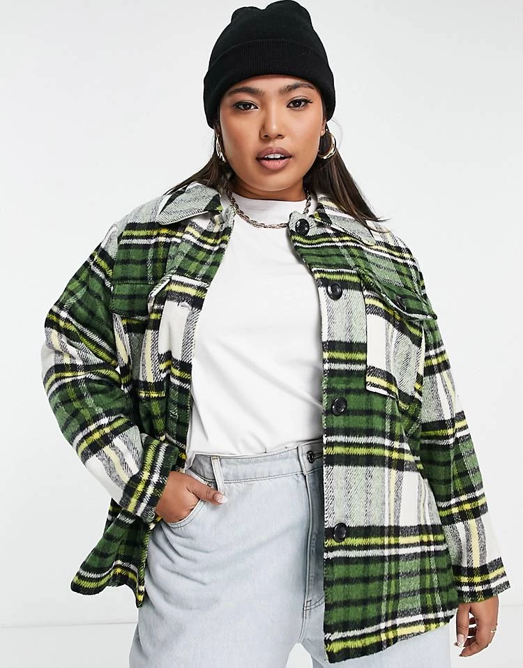 Wednesday's Girl Curve Oversized Shacket In Vintage Check For Women Green White Check 4 Wednesday's Girl Curve Oversized Shacket In Vintage Check For Women Green White Check - Image 2
