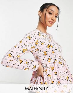 Wednesday's Girl Maternity Relaxed Smock Top With Peplum Hem In Pretty Floral For Women Pink Red Floral -Wednesday's Girl Sales 2022 unnamed file 1444