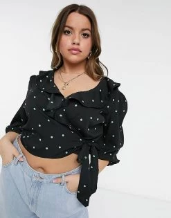 Wednesday's Girl Curve Wrap Blouse With Frill Collar In Scattered Spot Co-ord For Women Black Mint Spot -Wednesday's Girl Sales 2022 unnamed file 1457