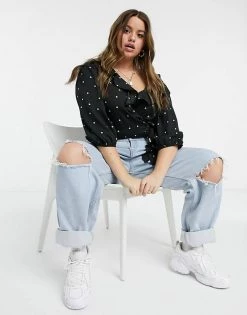 Wednesday's Girl Curve Wrap Blouse With Frill Collar In Scattered Spot Co-ord For Women Black Mint Spot -Wednesday's Girl Sales 2022 unnamed file 1458