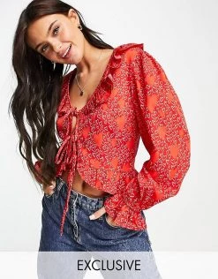 Wednesday's Girl Ruffle Detail Blouse In Red Heart Print For Women