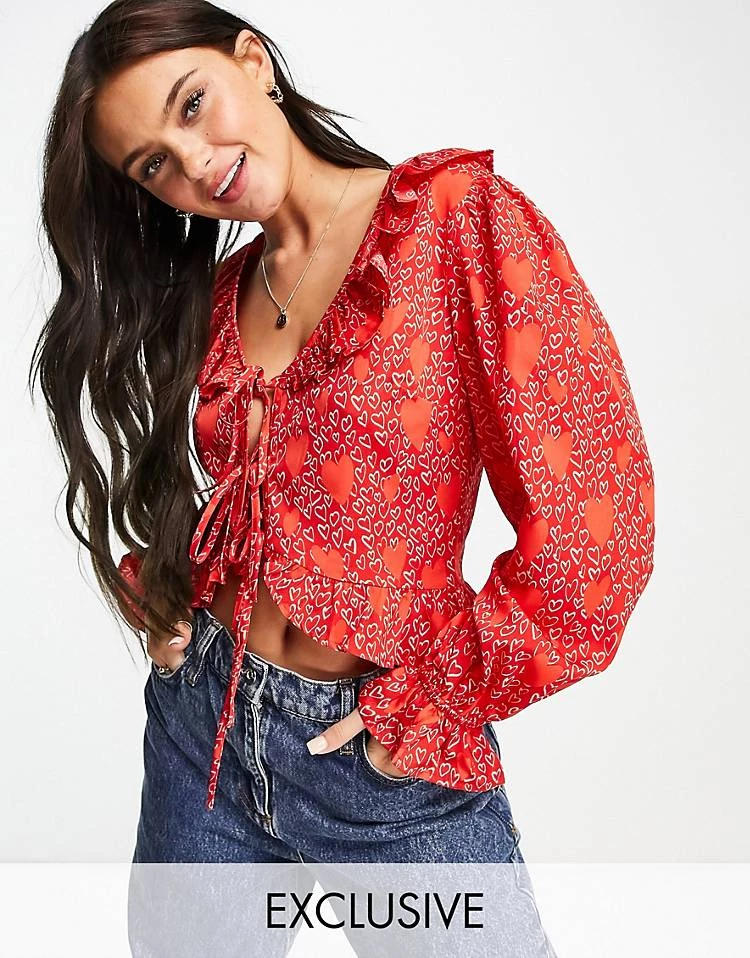 Wednesday's Girl Ruffle Detail Blouse In Red Heart Print For Women 3 Wednesday's Girl Ruffle Detail Blouse In Red Heart Print For Women