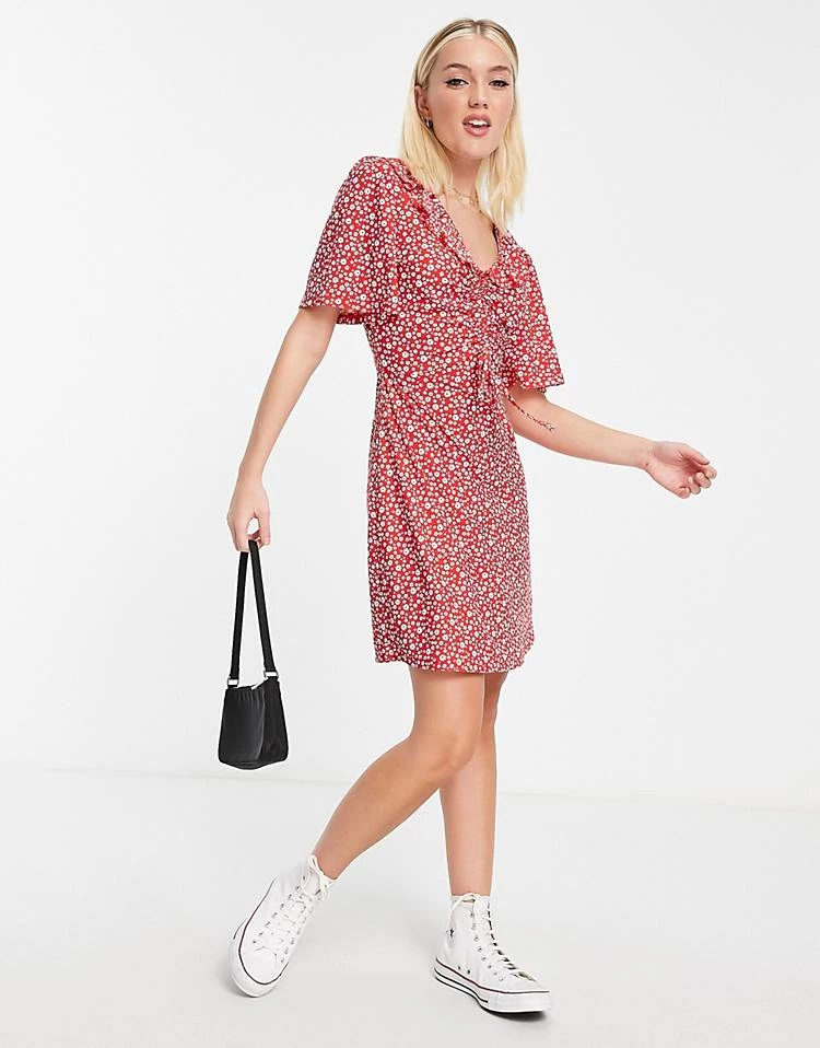 Wednesday's Girl Ruched Front V-neck Flippy Tea Dress In Red Ditsy For Women 6 Wednesday's Girl Ruched Front V-neck Flippy Tea Dress In Red Ditsy For Women - Image 4