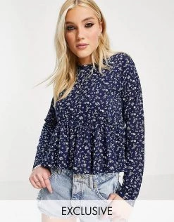 Wednesday's Girl Relaxed Smock Top With Peplum Hem In Ditsy Floral Print For Women Navy Floral