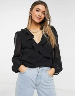 Wednesday's Girl Wrap Top With Sheer Balloon Sleeves For Women Black Sheer