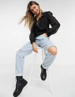 Wednesday's Girl Wrap Top With Sheer Balloon Sleeves For Women Black Sheer -Wednesday's Girl Sales 2022 unnamed file 1493