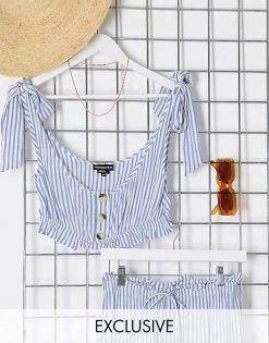 Wednesday's Girl Crop Top With Tie Sleeves In Stripe Co-ord For Women White Blue Stripe