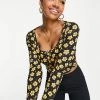 Wednesday's Girl Long Sleeve Crop Top With Ruched Bust In Yellow Floral For Women Black -Wednesday's Girl Sales 2022 unnamed file 1505