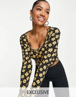 Wednesday's Girl Long Sleeve Crop Top With Ruched Bust In Yellow Floral For Women Black