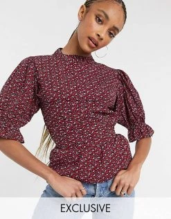 Wednesday's Girl Blouse With Shirred Sleeves In Ditsy Rose Print For Women Black Rose Floral